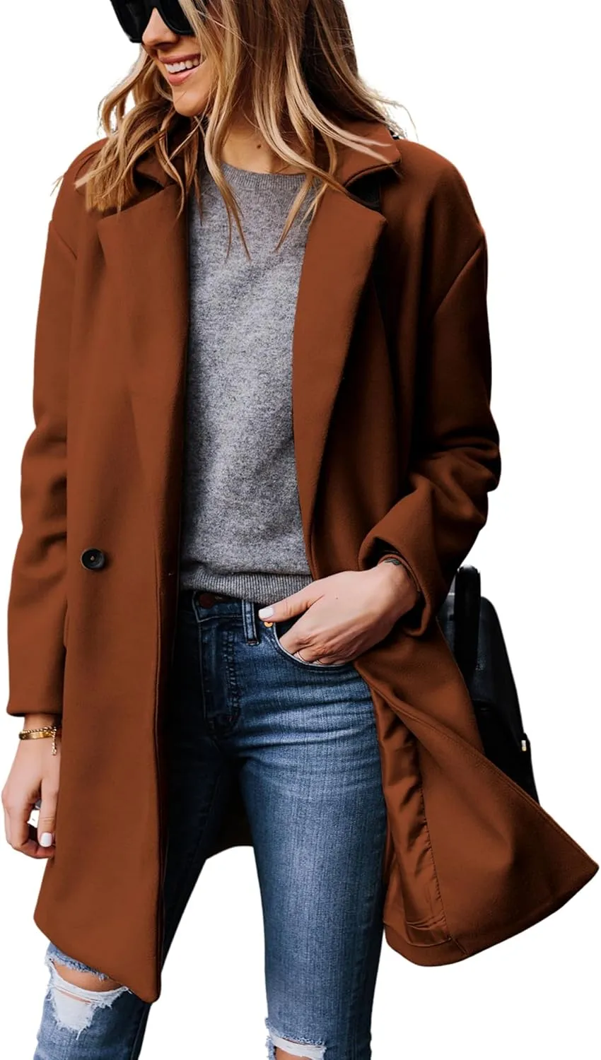Hooever Women's Notched Lapel Wool Coat Single Breasted Pea Coats Winter Wool Blend Blazer Jacket