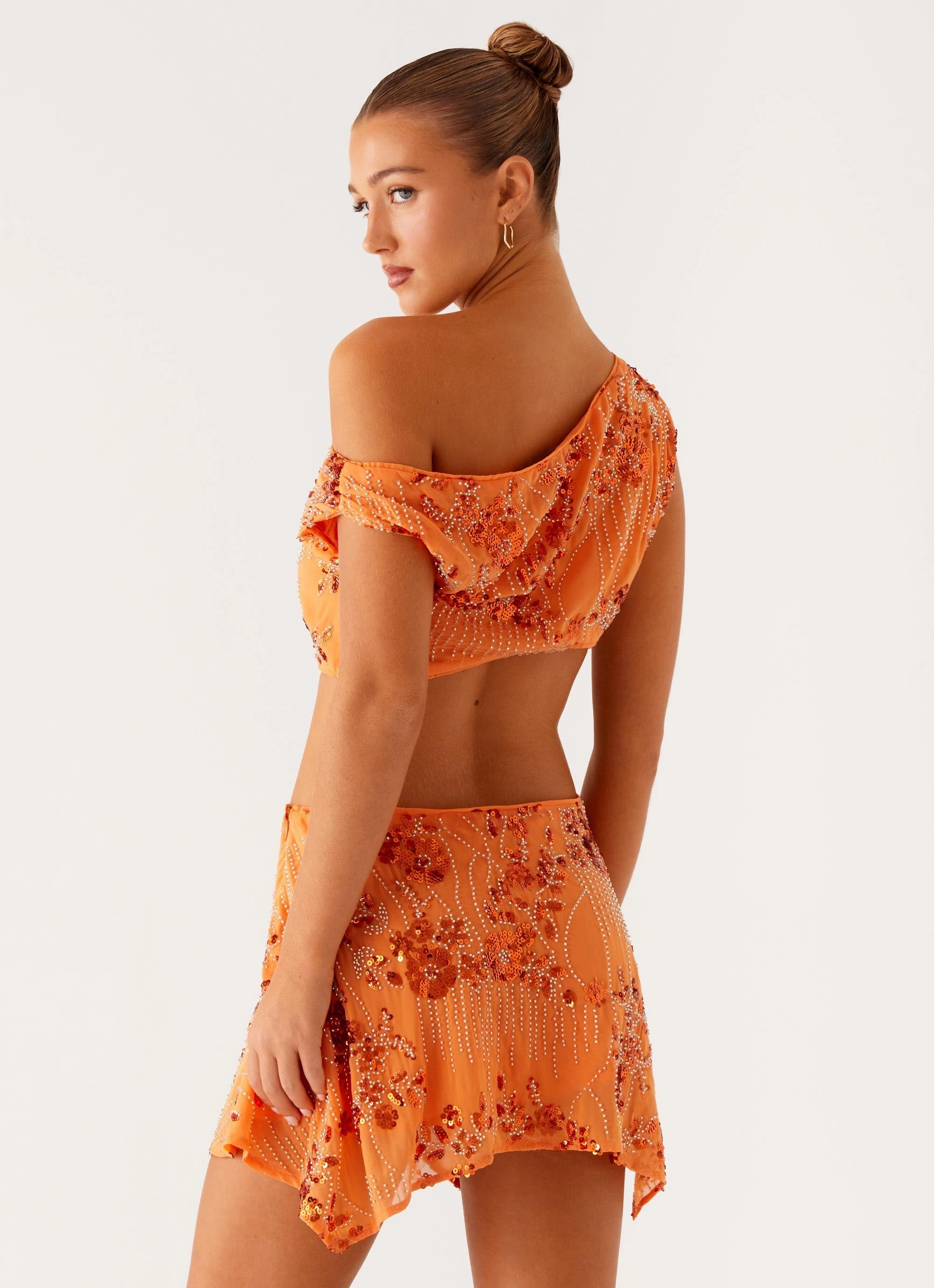 Aletta Sequin Mini Dress - Orange Sleek Detail Twist Front Design