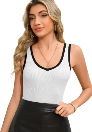 HVT Women Summer Tank Top Ribbed Knit V Neck Sleeveless Color Block Slim Fitted Tops Basic Casual Ribbed Knit Vest for Women