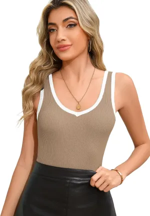 HVT Women Summer Tank Top Ribbed Knit V Neck Sleeveless Color Block Slim Fitted Tops Basic Casual Ribbed Knit Vest for Women