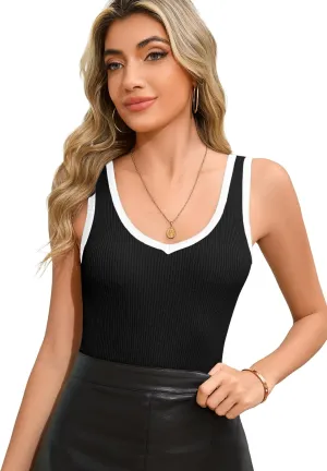 HVT Women Summer Tank Top Ribbed Knit V Neck Sleeveless Color Block Slim Fitted Tops Basic Casual Ribbed Knit Vest for Women
