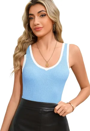 HVT Women Summer Tank Top Ribbed Knit V Neck Sleeveless Color Block Slim Fitted Tops Basic Casual Ribbed Knit Vest for Women