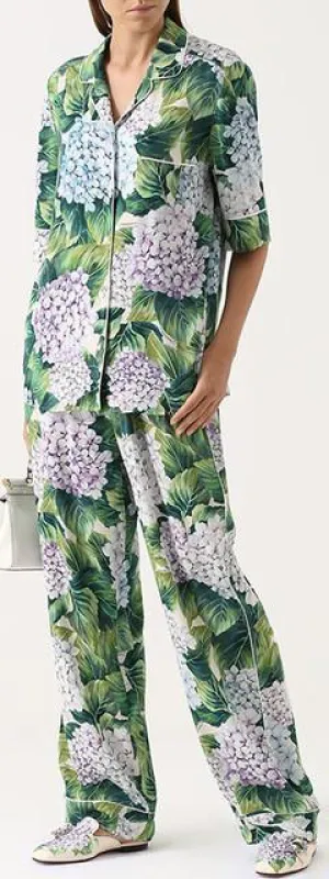 Hydrangea Print Silk Pajama Top & Pant Set