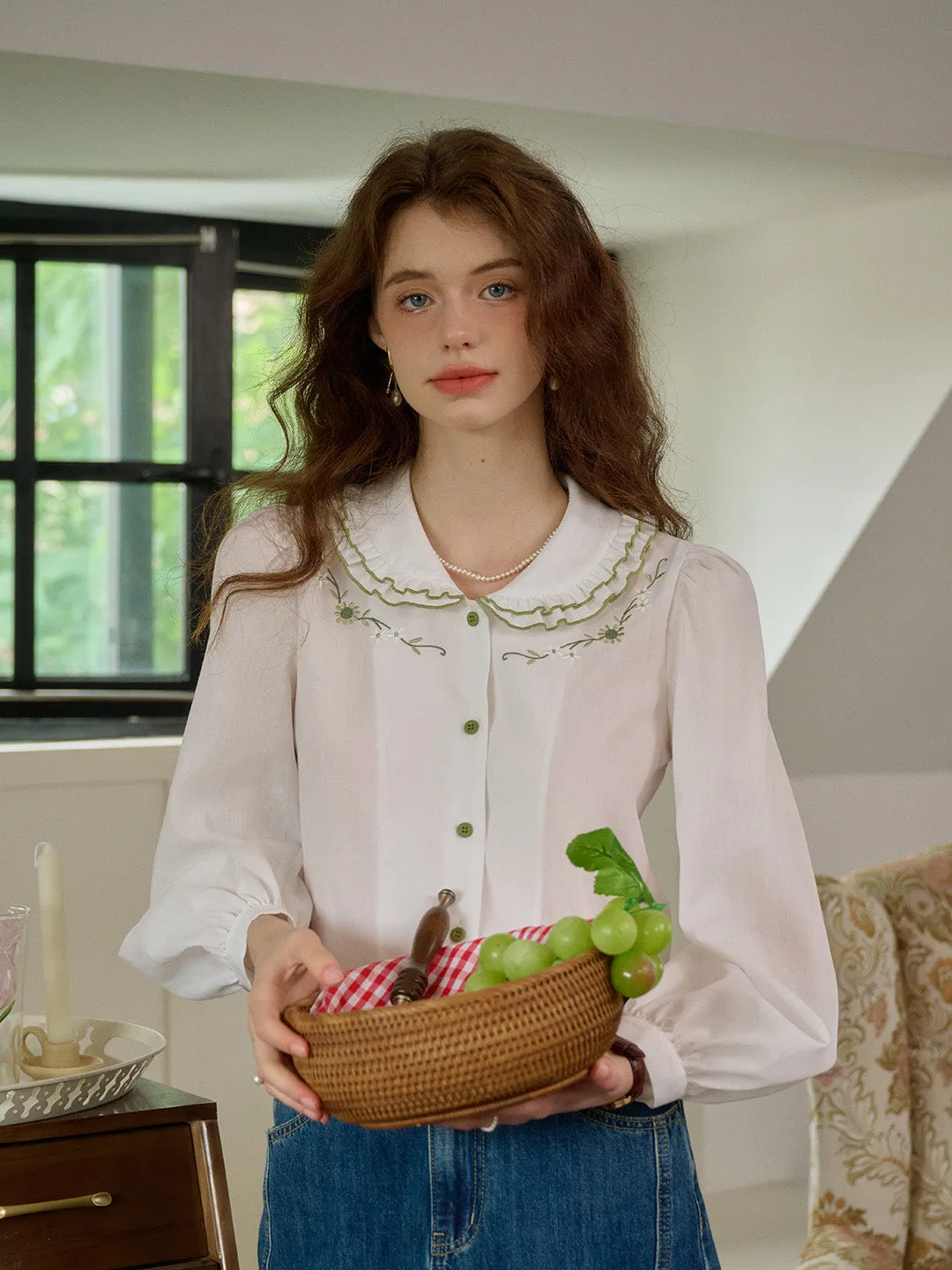 Lightweight Layering Option Cool and Breezy ??Final Sale??Maren Peter Pan Collar Floral Embroidery Blouse