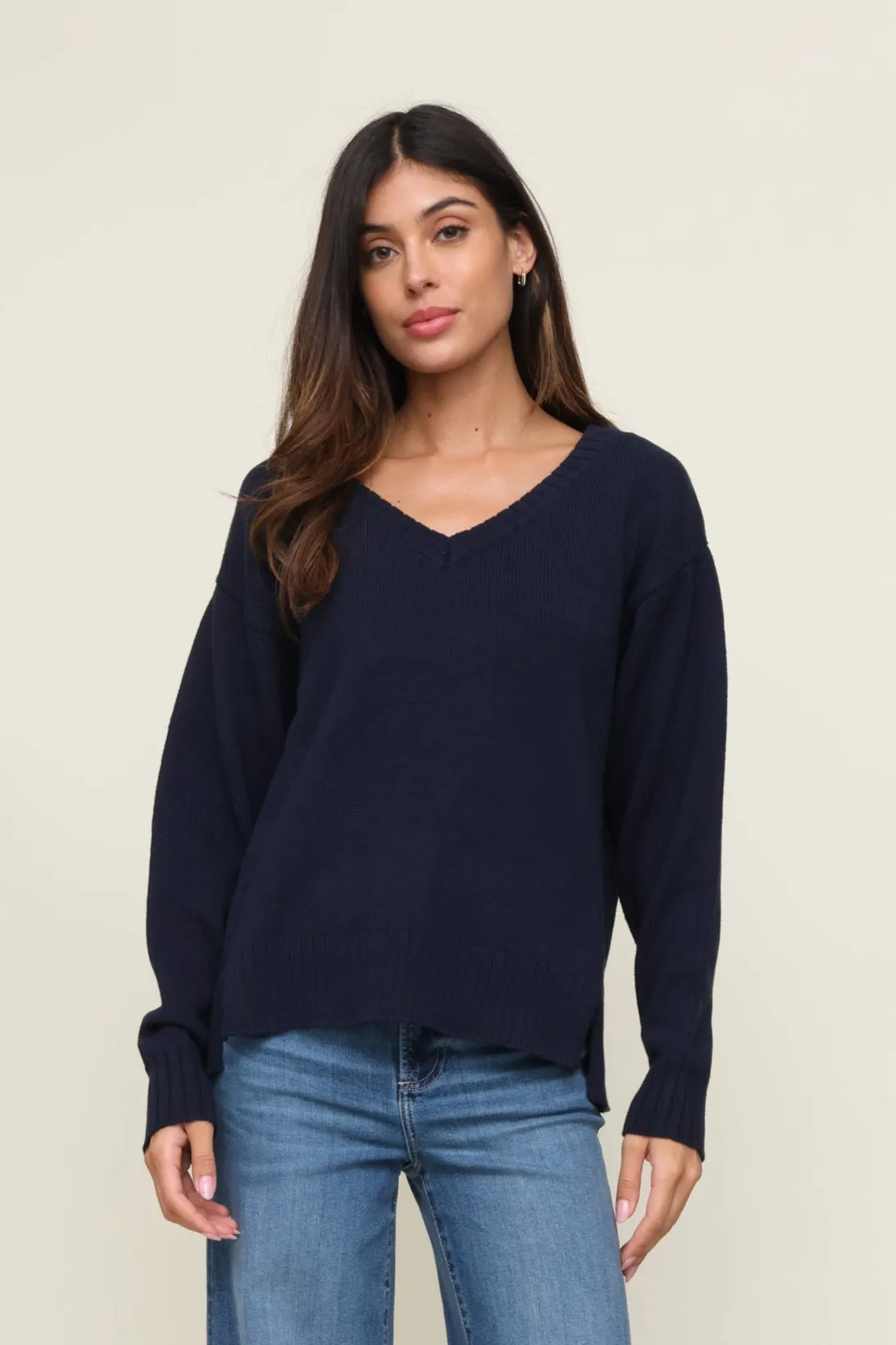 All Around V Neck Sweater WideNeckline AdjustableHemCuffs