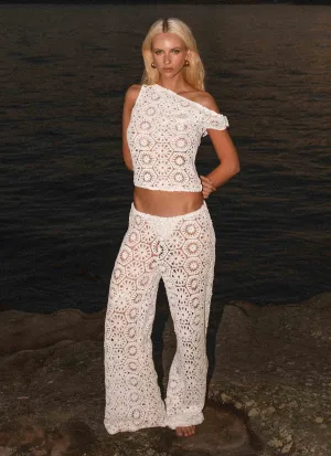 High Durability Thread Linen blend Ibiza Crochet Pants - Ivory