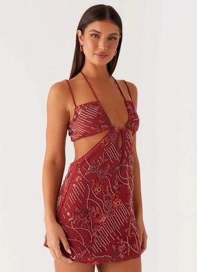 Pleated design High-Neck Sahara Nights Beaded Mini Dress - Rust