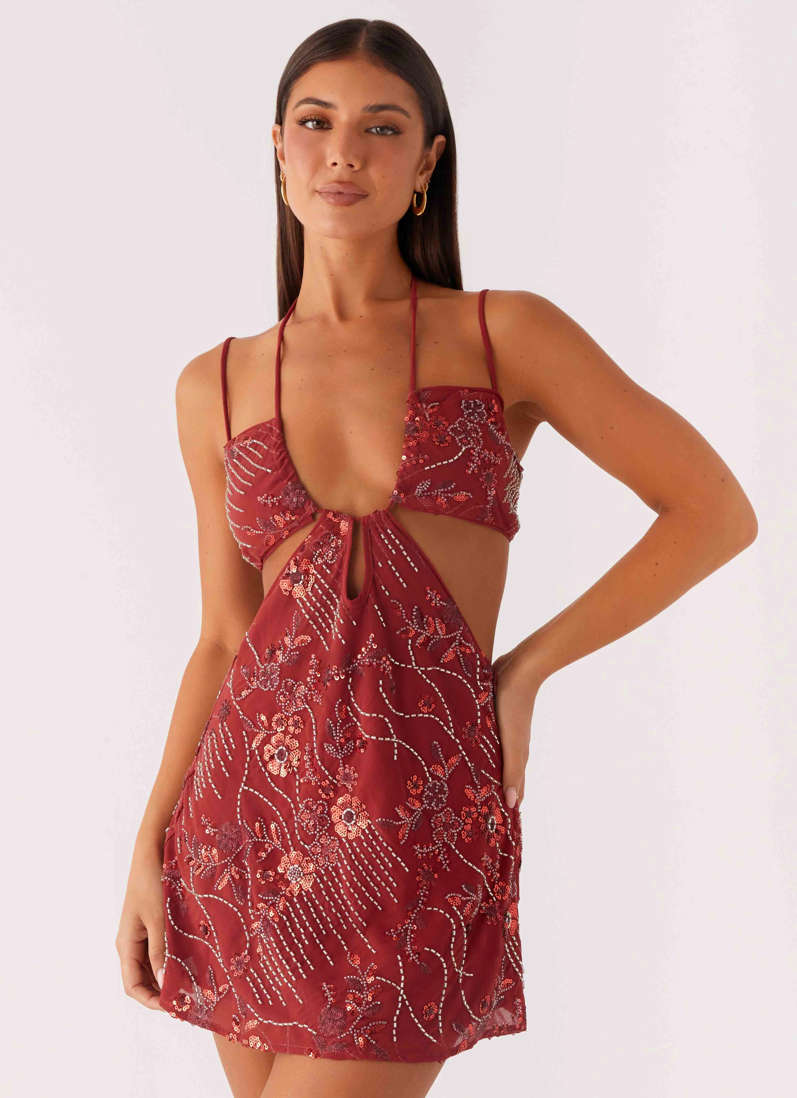 Sleek Flow Sahara Nights Beaded Mini Dress - Rust