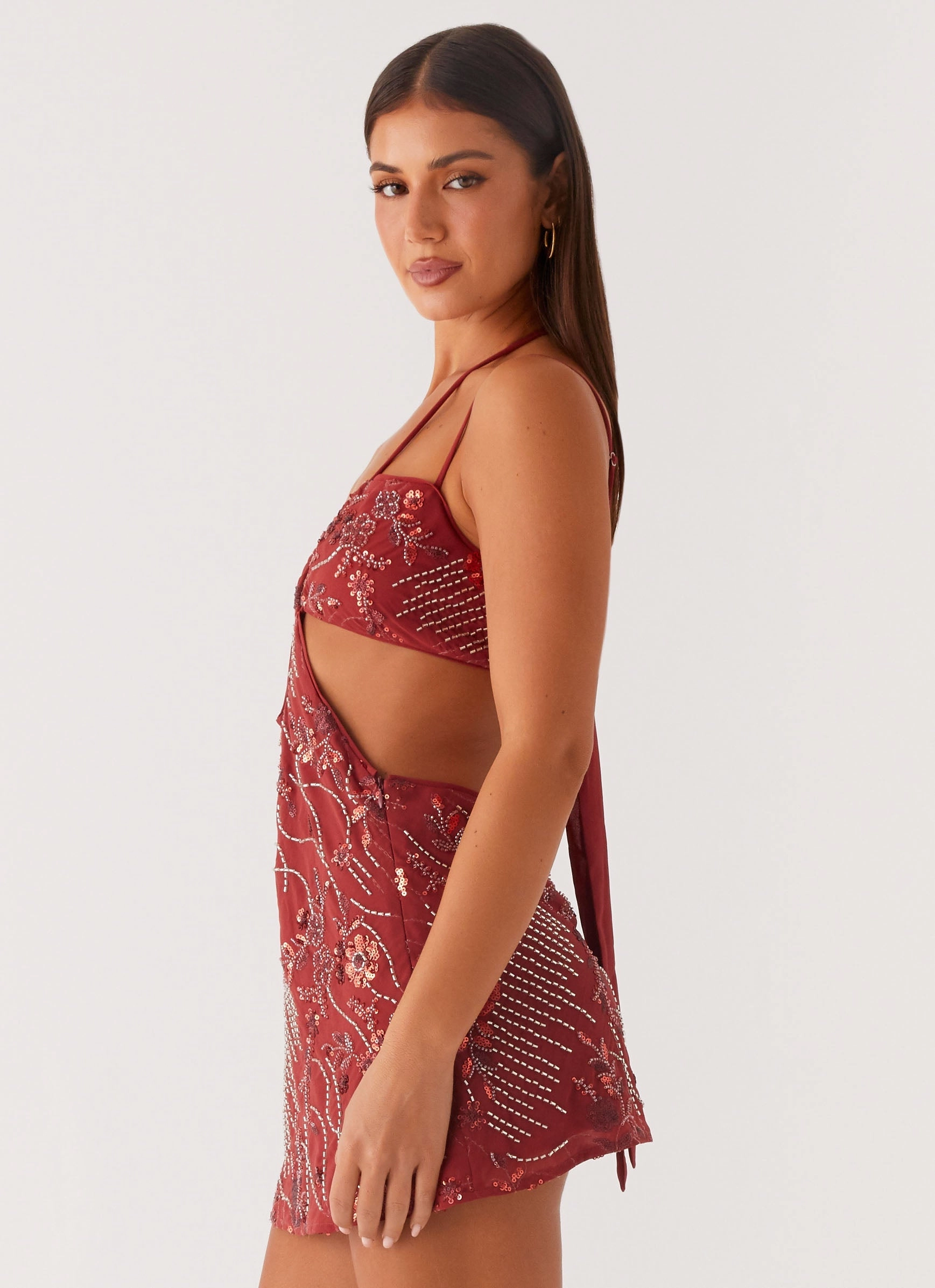 Sahara Nights Beaded Mini Dress - Rust Flattering Look Fit