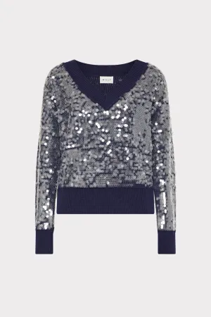 Ilaria Sequin V-Neck Sweater Four Way Stretch Fabric Tencel Cotton Hybrid Weave