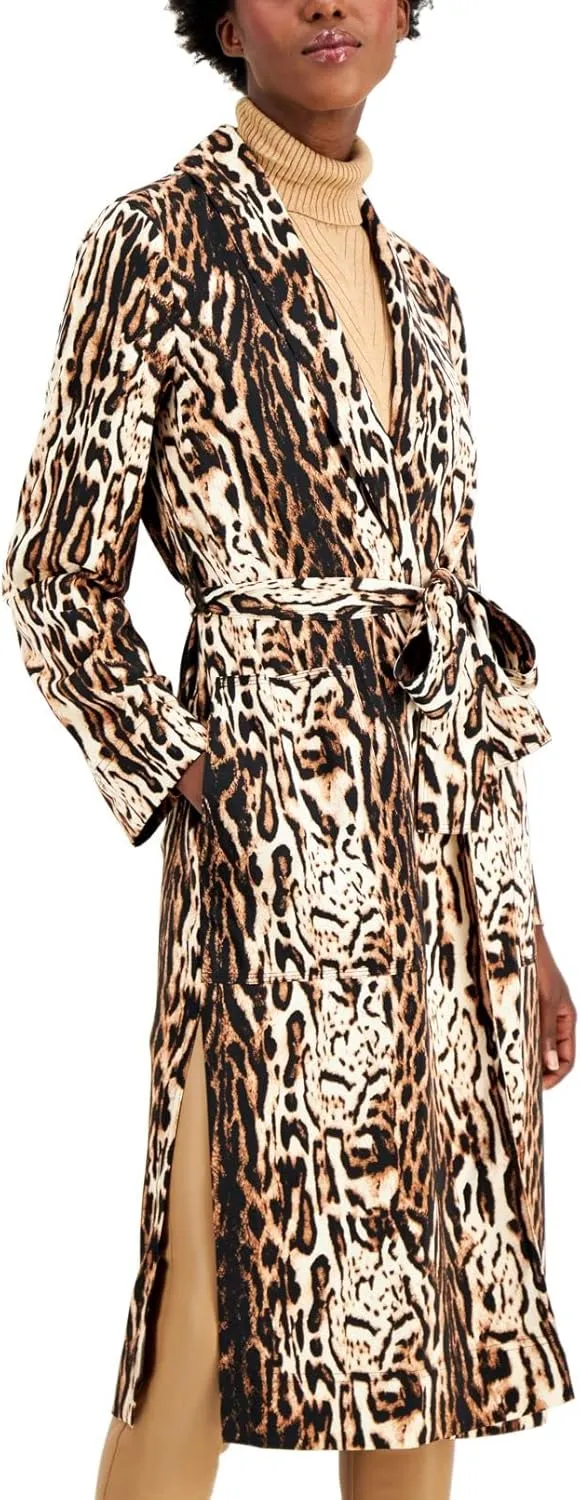 INC Womens Black Pocketed Animal Print Trench Coat Size M
