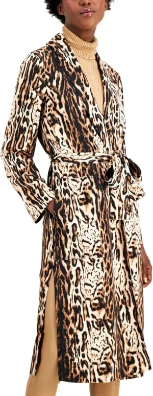 INC Womens Black Pocketed Animal Print Trench Coat Size M