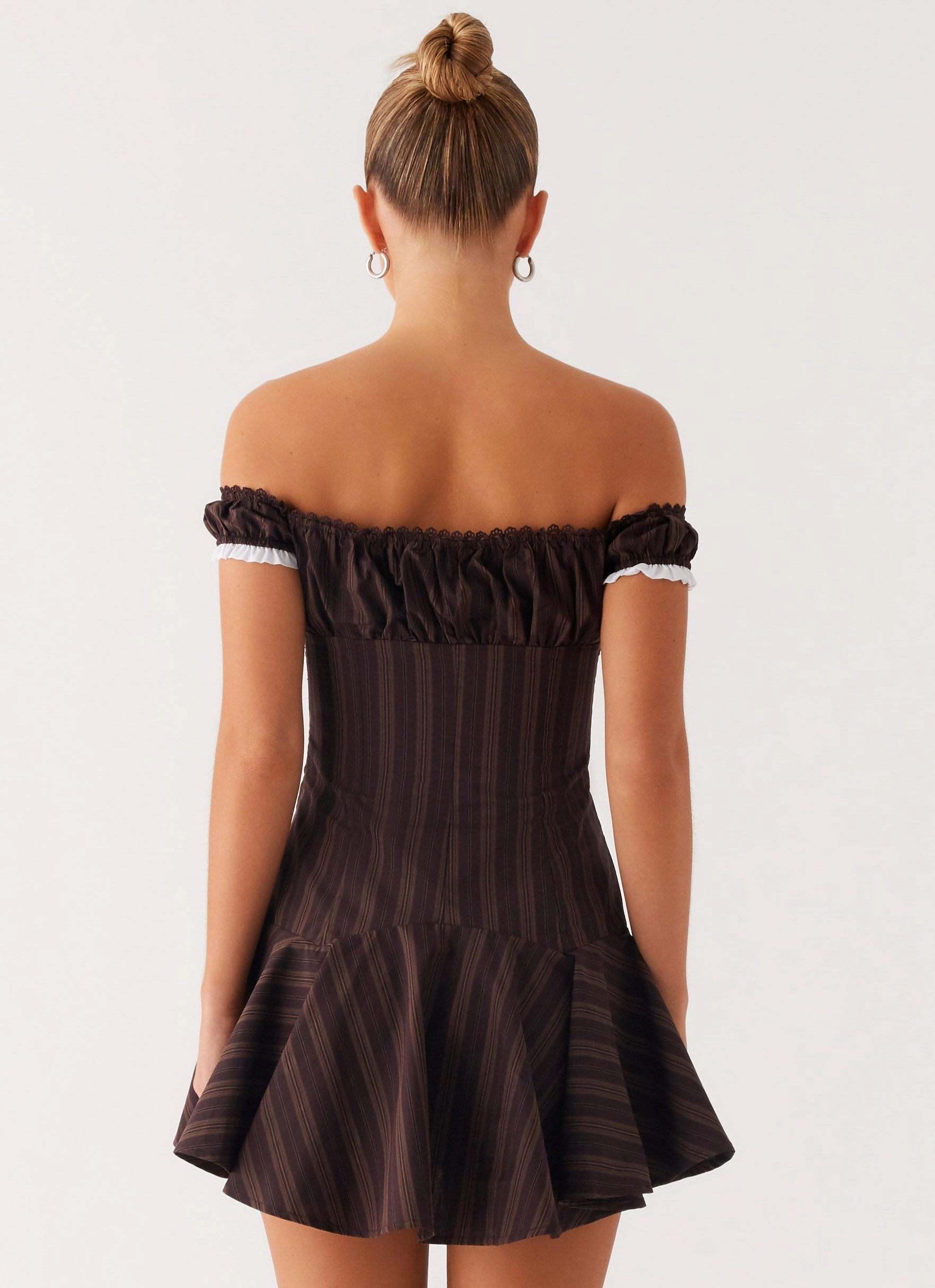 Jumana Off Shoulder Mini Dress - Toffee Stripe Skin Tone Grab Now