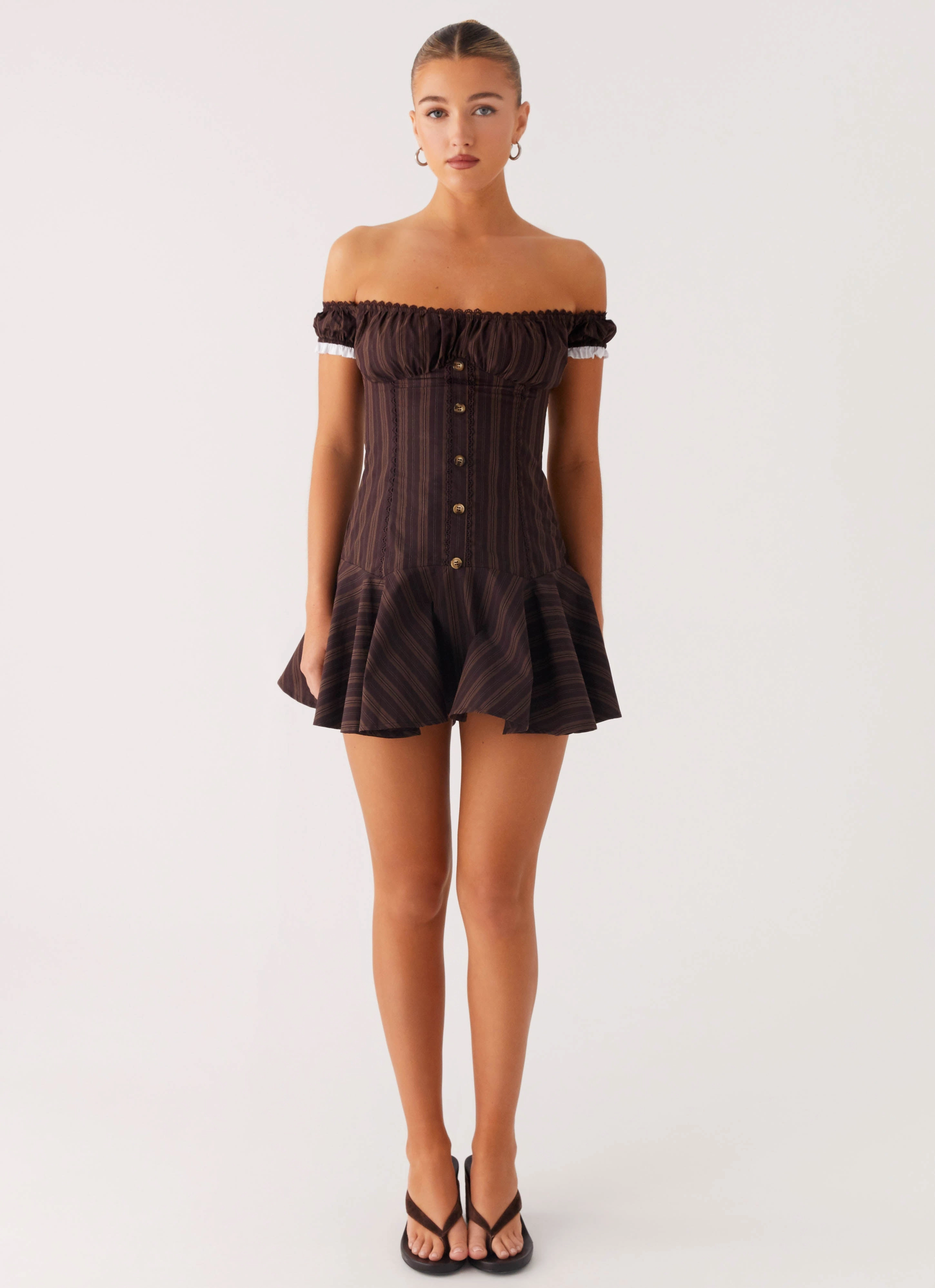 Jumana Off Shoulder Mini Dress - Toffee Stripe Easy-to-style casual dress City Rhythm