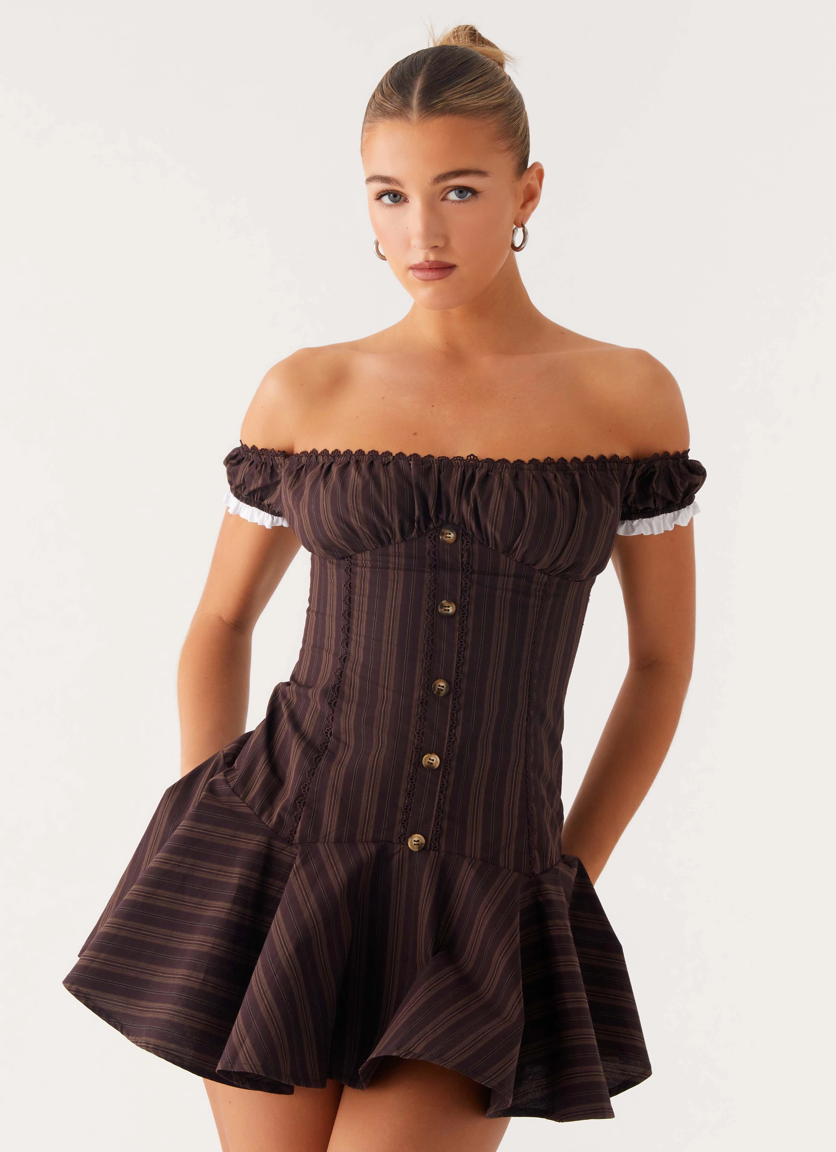 Flowy Texture Modern Cut Jumana Off Shoulder Mini Dress - Toffee Stripe