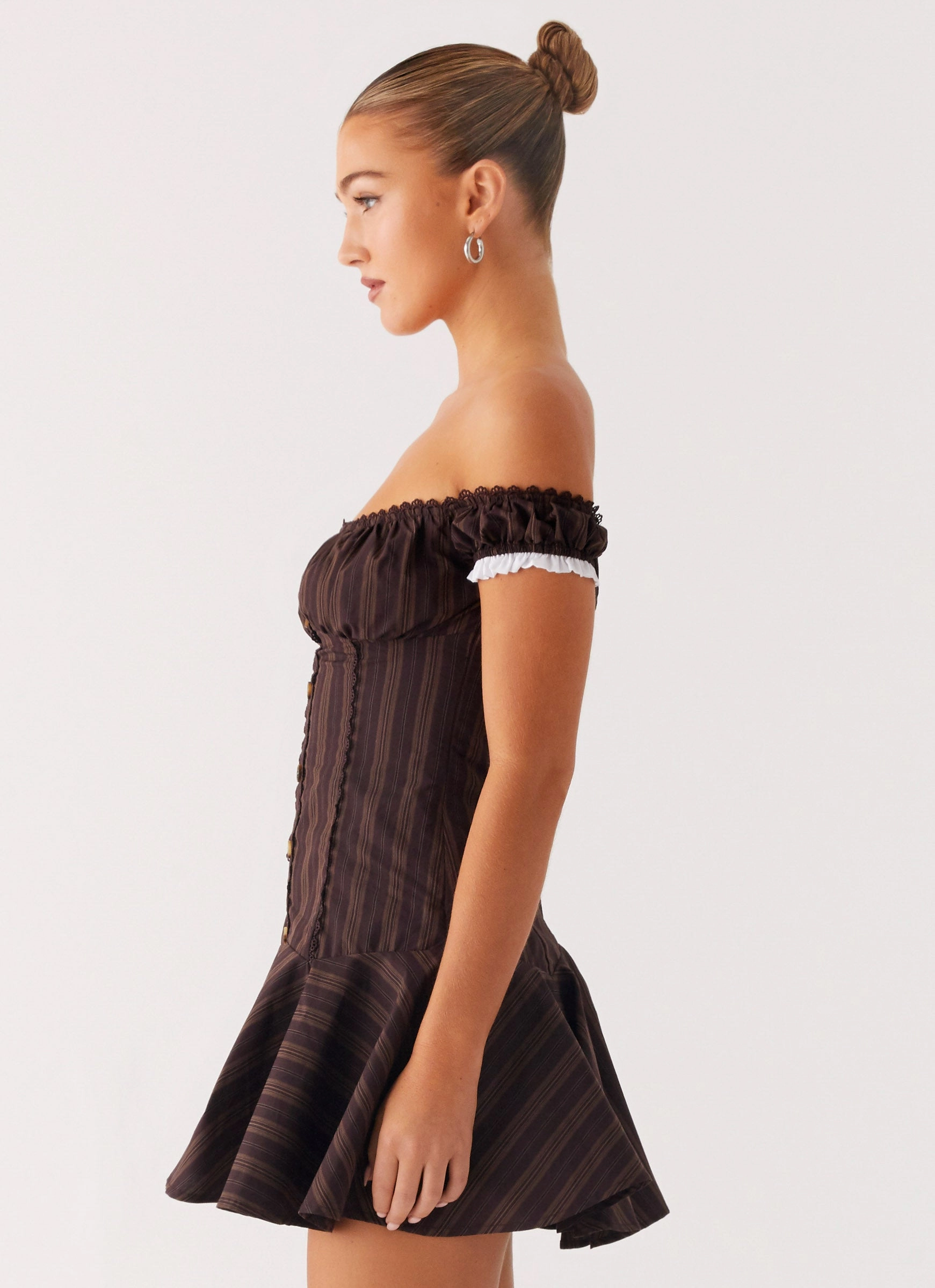 Jumana Off Shoulder Mini Dress - Toffee Stripe Relaxed Fit Design