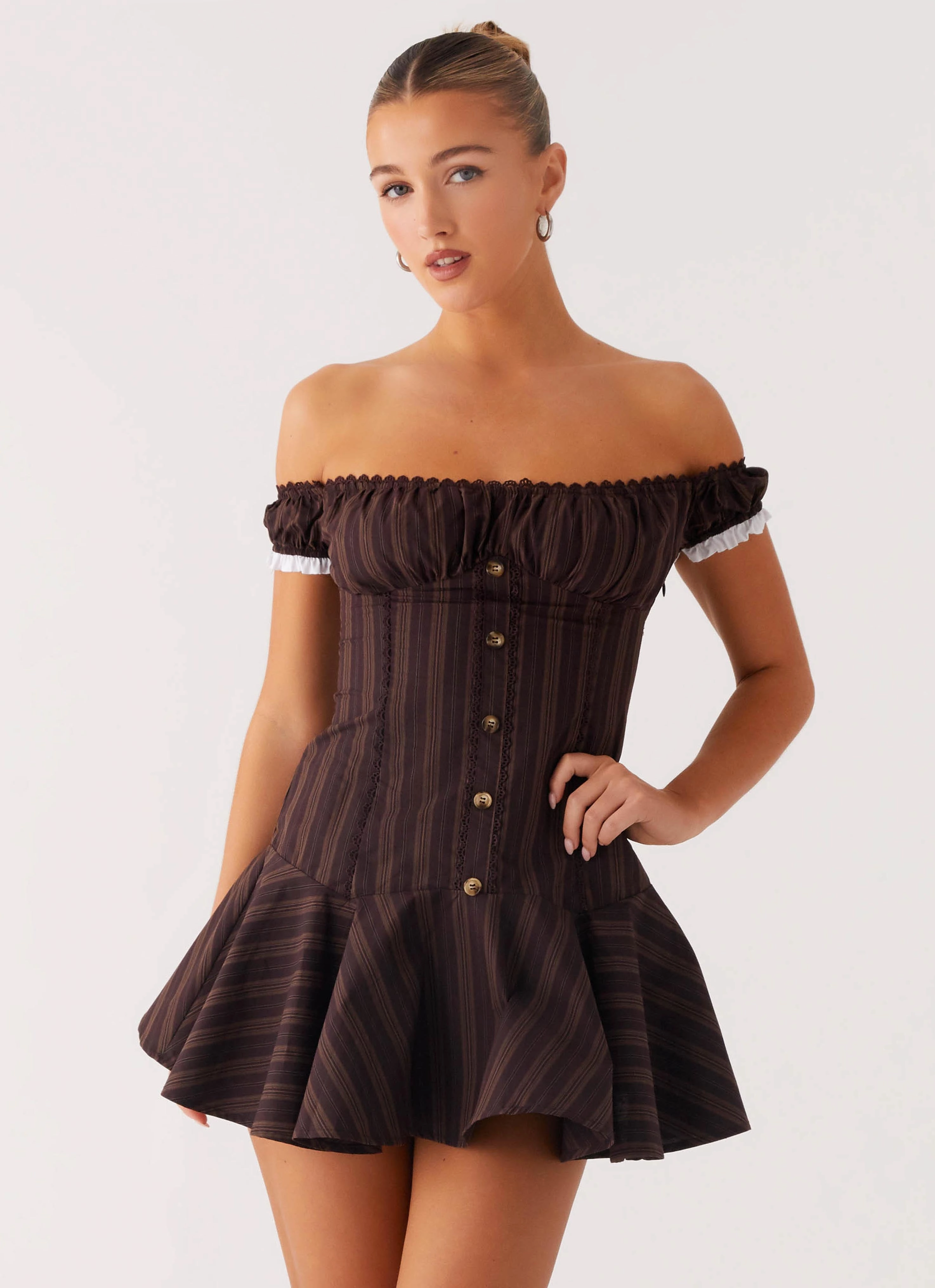 Soft Fashion Quilted-Texture Jumana Off Shoulder Mini Dress - Toffee Stripe