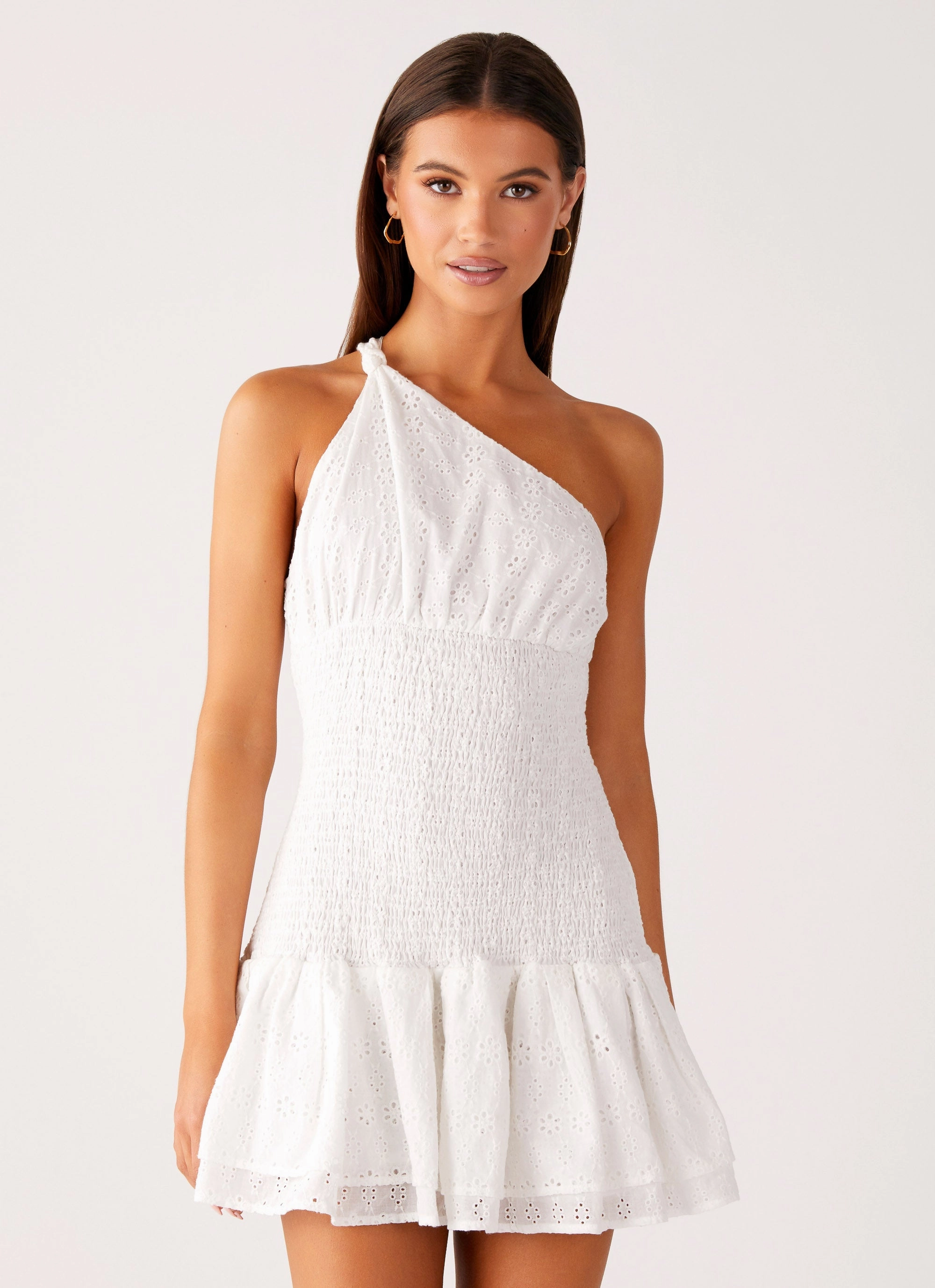 Hestia Drop Waist Shirring Mini Dress - White Geometric-pattern Must-have