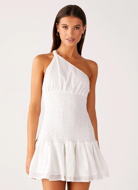 Hestia Drop Waist Shirring Mini Dress - White Geometric-pattern Must-have
