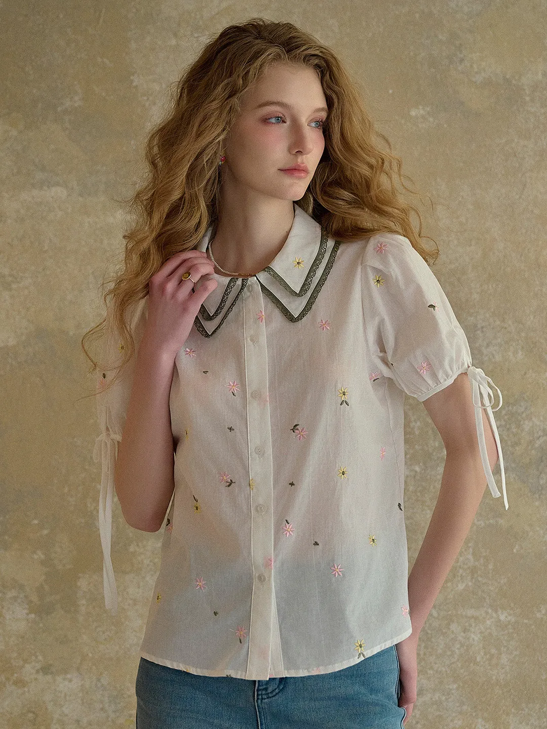 ??Final Sale??Hazel Double Collar Floral 100% Cotton Blouse Comfortable Collar Reflective Accent Trim