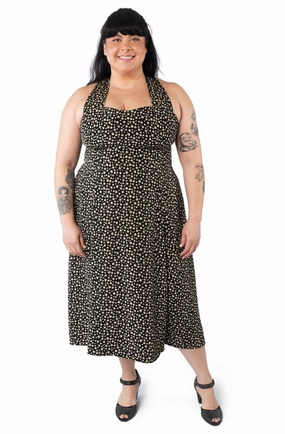 Feminine off-the-shoulder gown Iris Dress in Black and Creme Dot