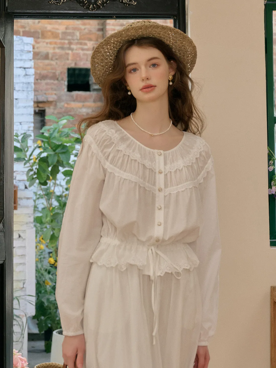 Rolled Hem Detailing Isabella Round Neck Lace Cotton Blouse