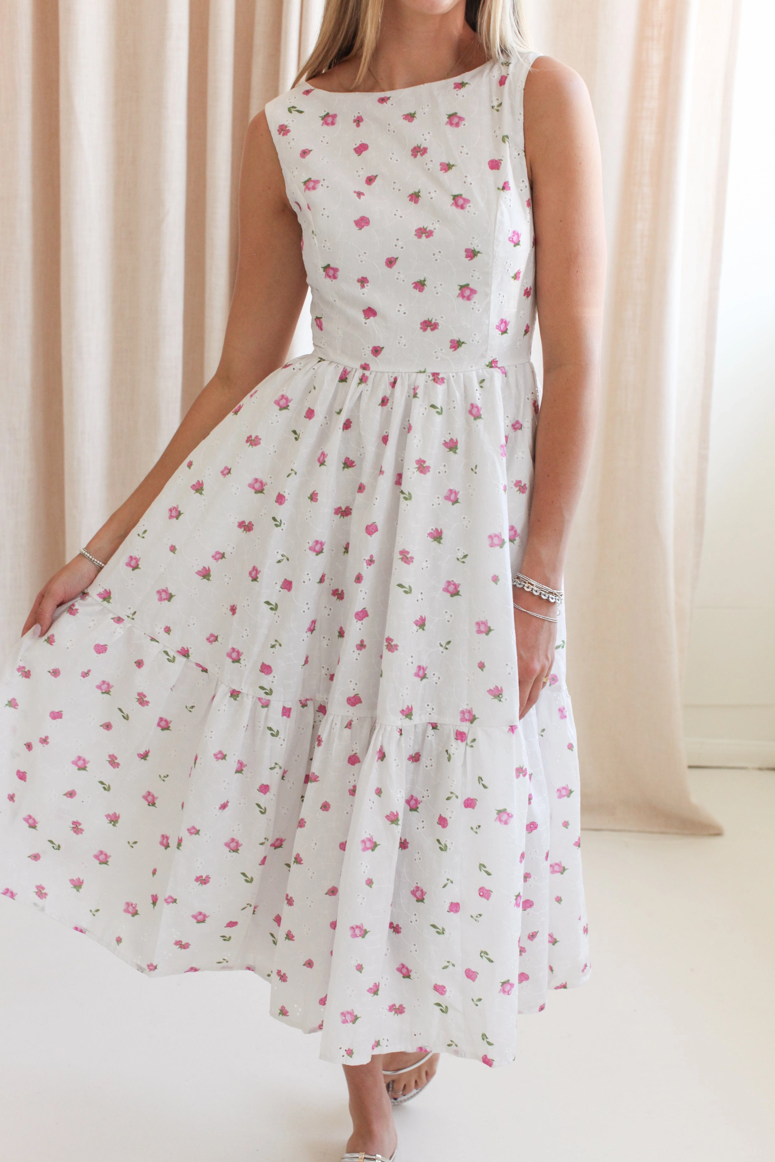 Isla Eyelet Midi Dress Front Ruffle