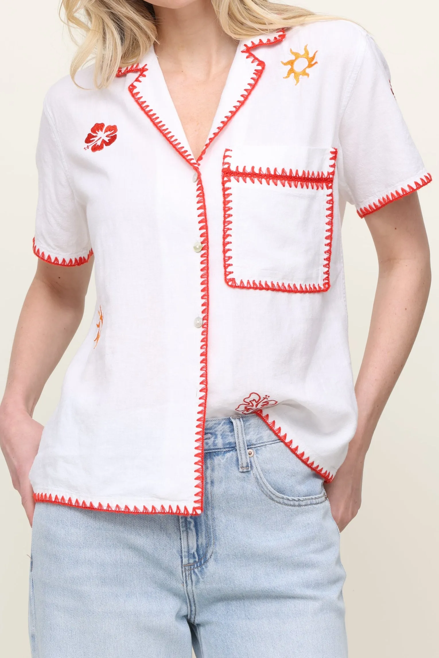 Island Embroidered Button Down LowMaintenanceFabric Ergonomic Shoulder Cut