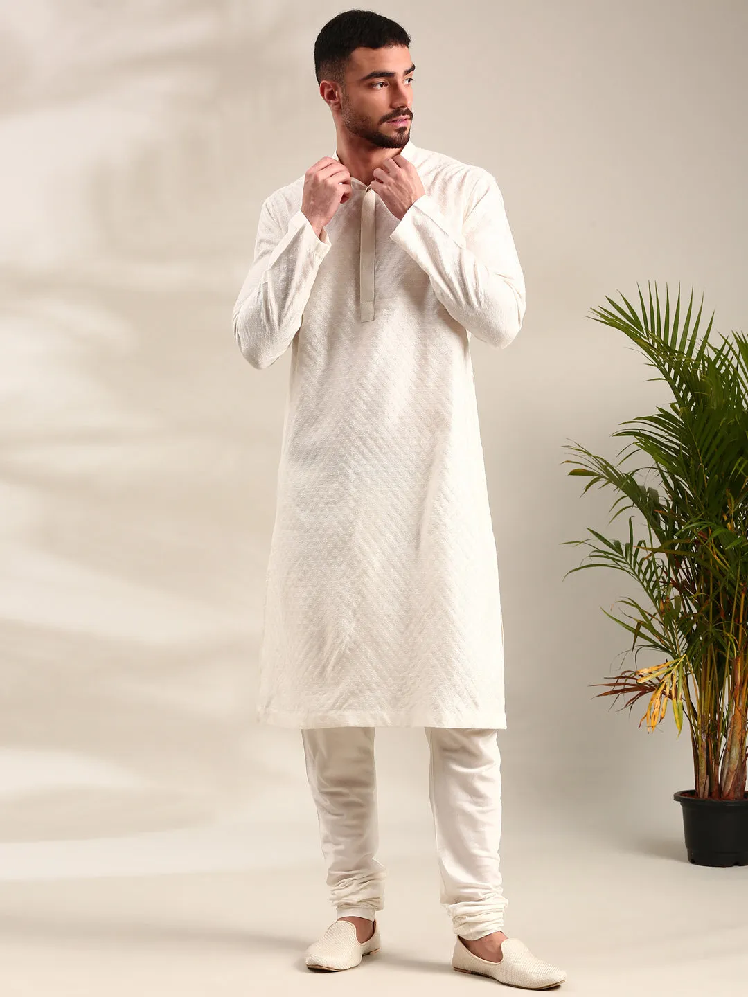 Ivory Silk  Jaquard Kurta Set