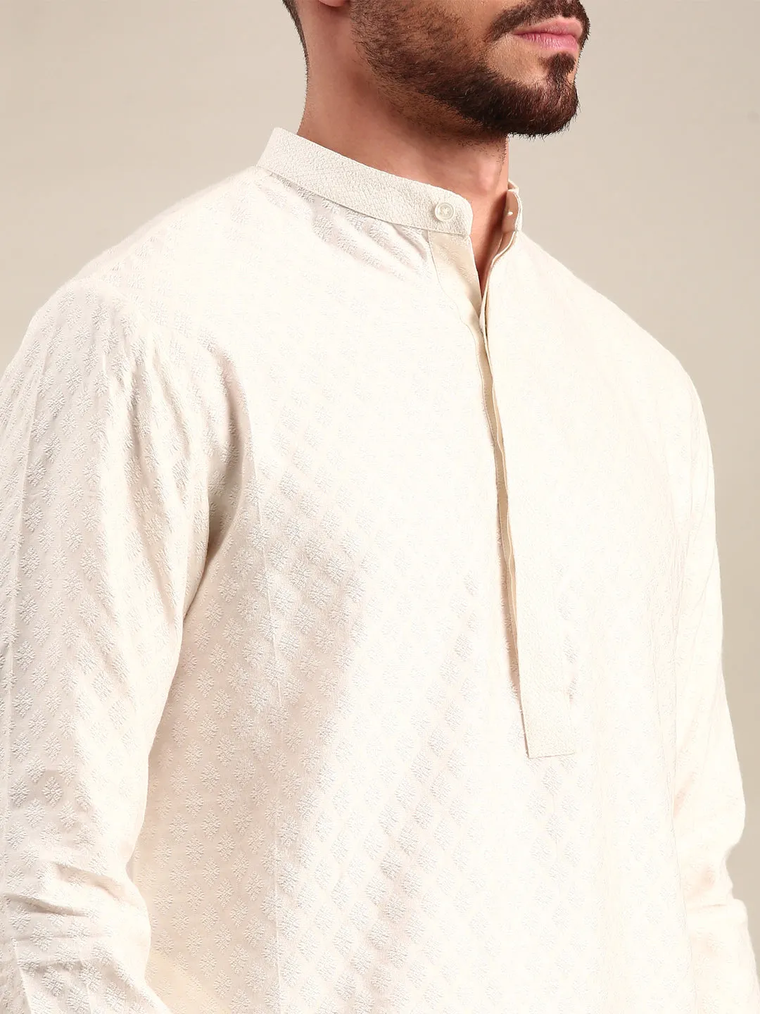 Ivory Silk  Jaquard Kurta Set