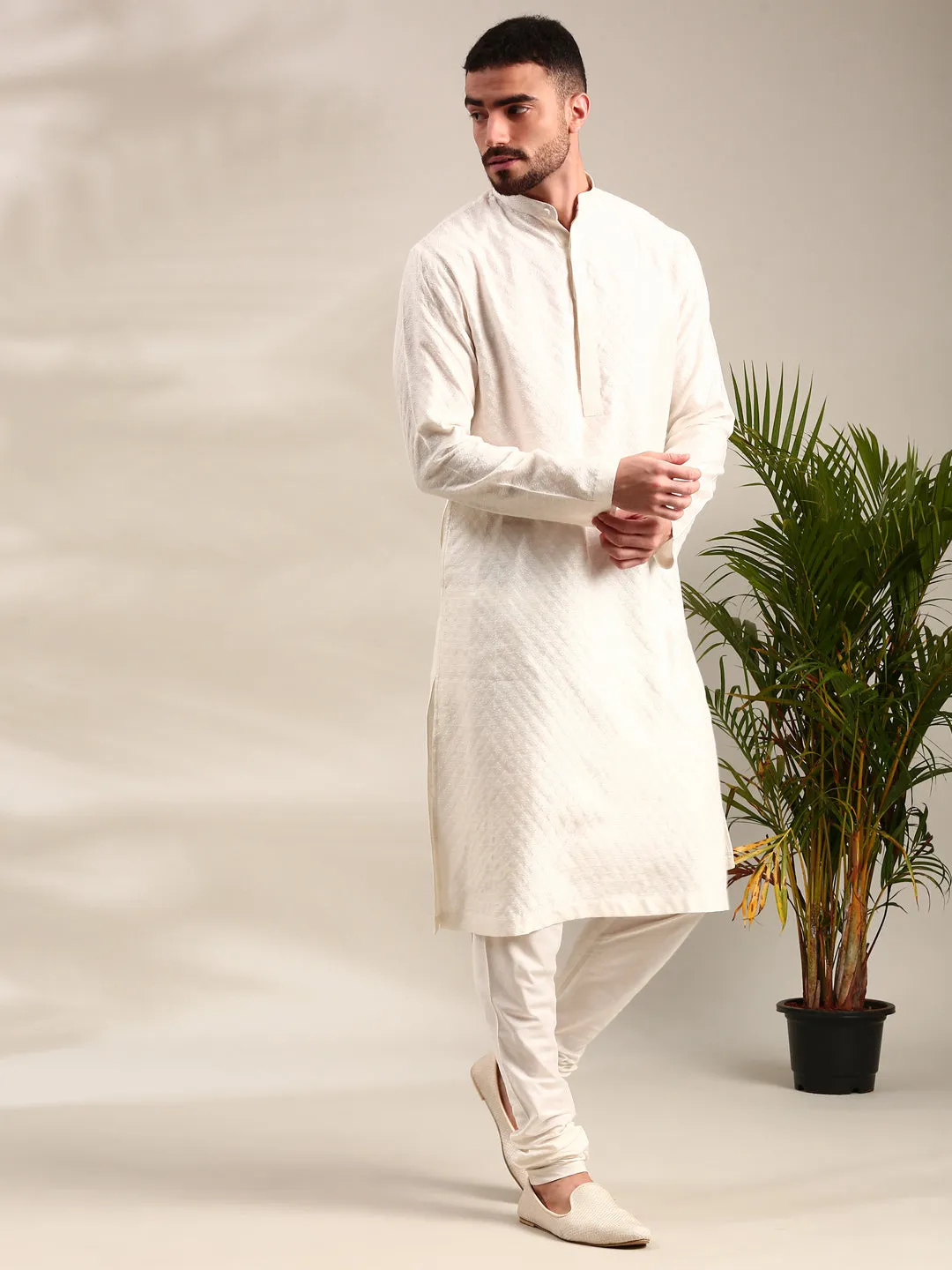 Ivory Silk  Jaquard Kurta Set