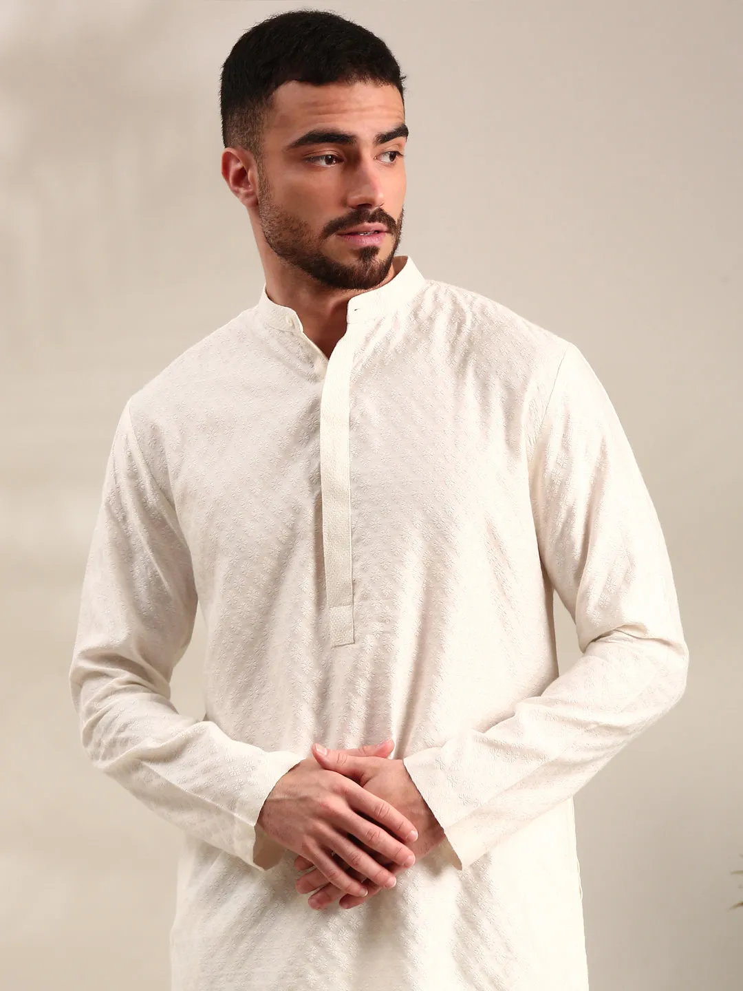 Ivory Silk  Jaquard Kurta Set