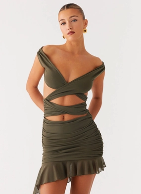 Ivy Whisper Mini Dress - Khaki Cozy Cut Smart Waistband Fit