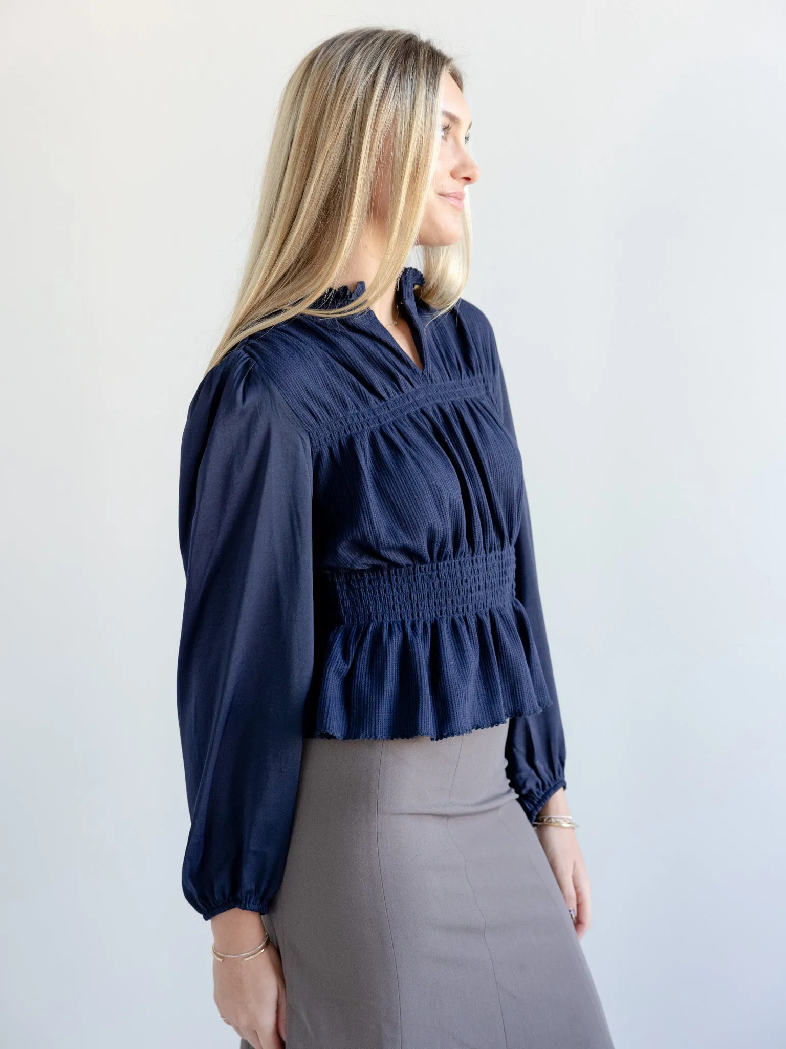 Jacey Ruffle Knit Top Reflective Accent Trim