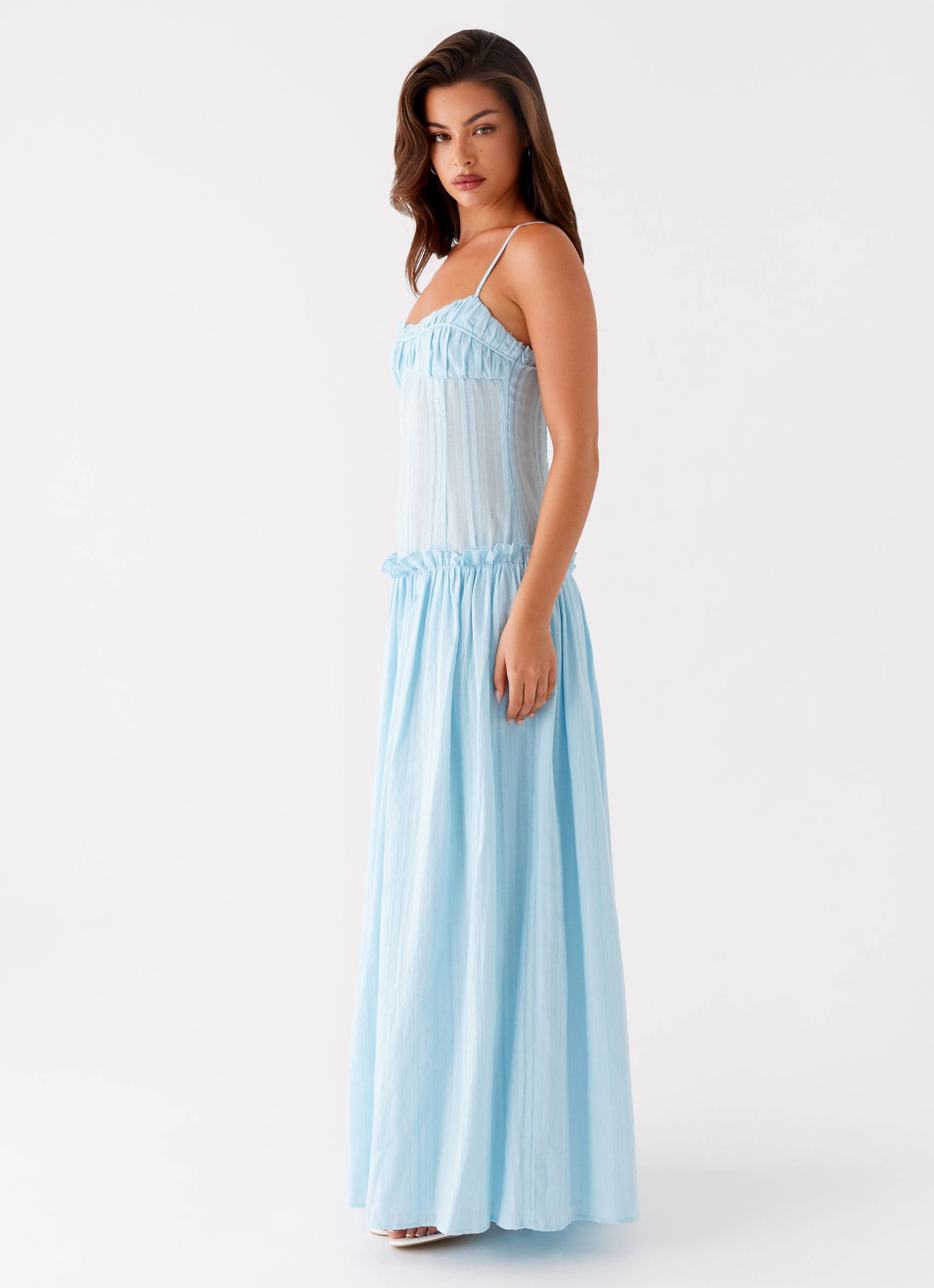 Stylish Waistband Fit Minimal Details Jacinda Drop Waist Maxi Dress - Blue