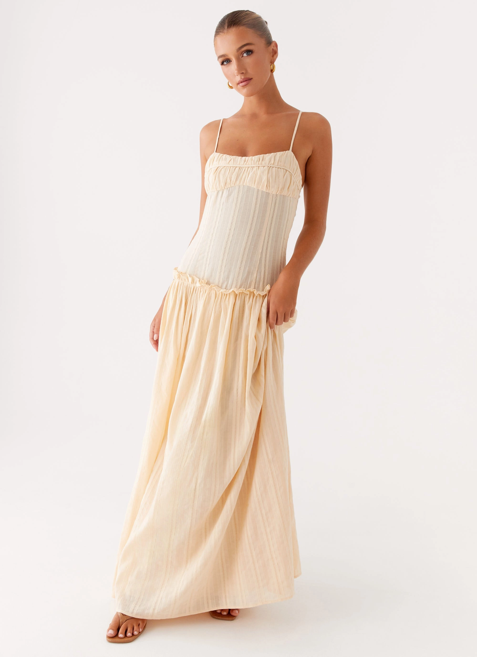 Jacinda Drop Waist Maxi Dress - Cream High Waist City Casual