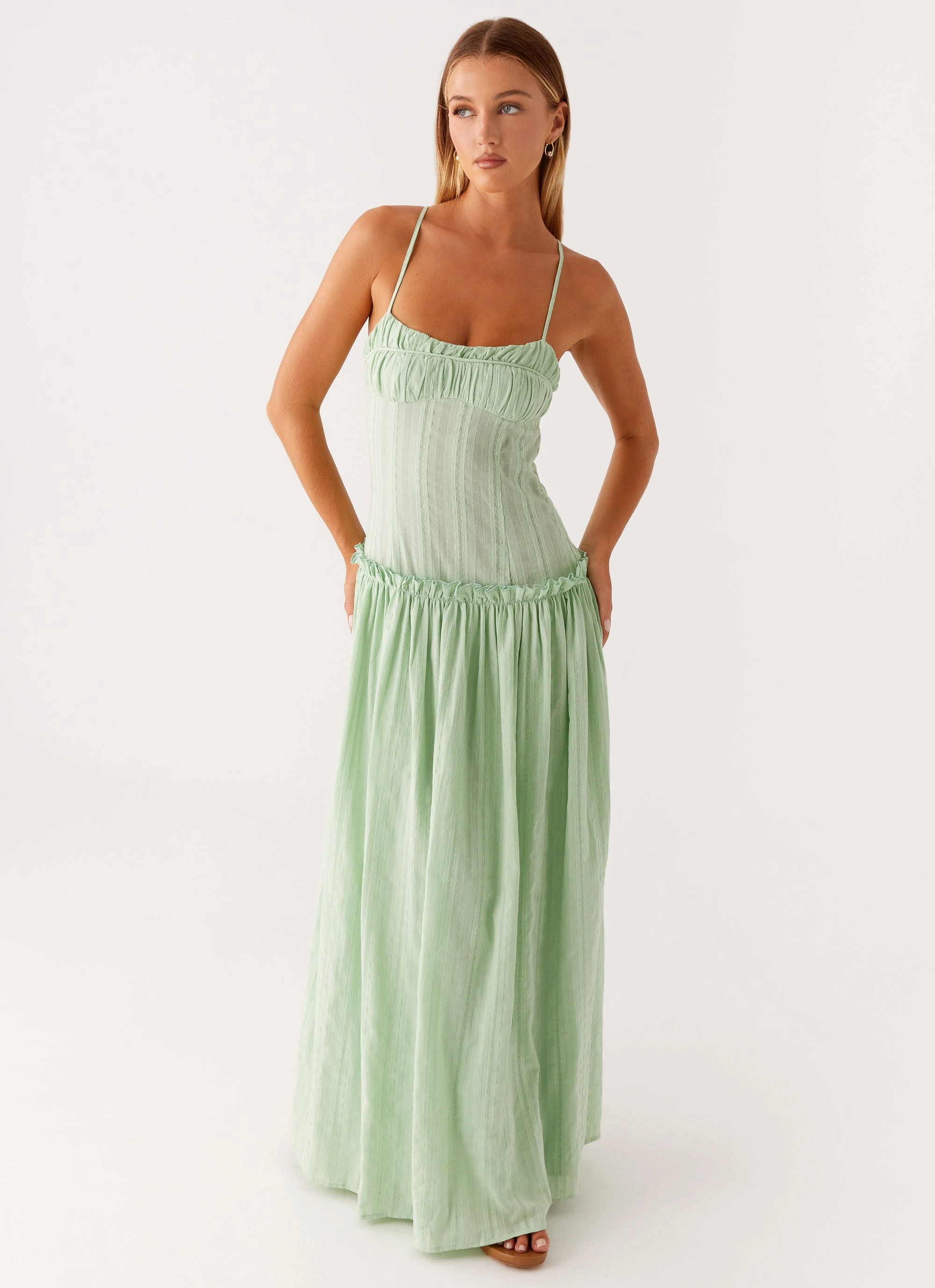 Feminine off-the-shoulder gown Timeless Style Jacinda Drop Waist Maxi Dress - Sage