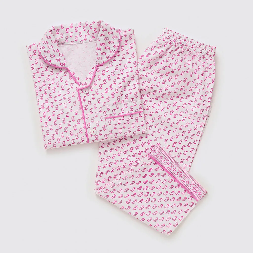 Jade Blockprint Pajama Set For Kids (Pink)