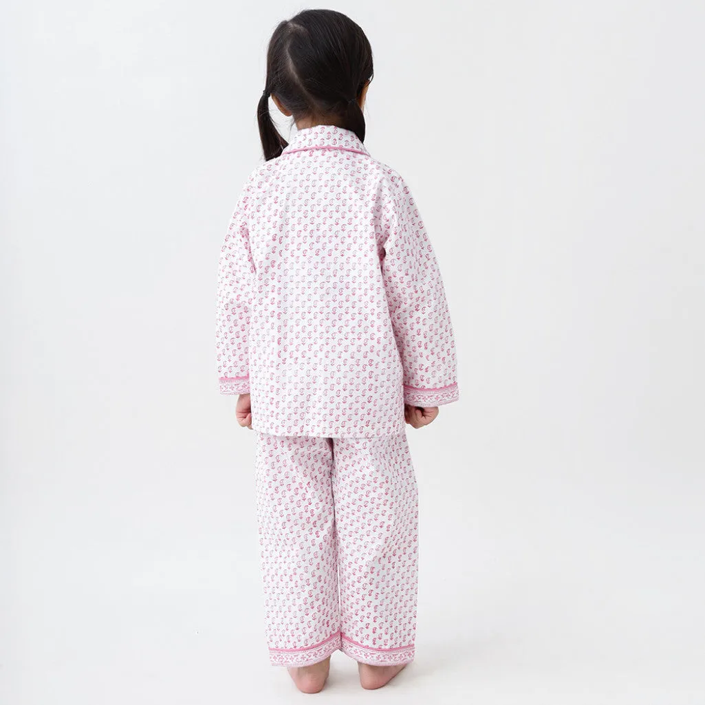 Jade Blockprint Pajama Set For Kids (Pink)