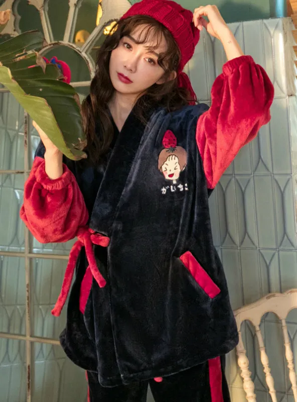 Japanese Flannel Kimono Pajamas Cartoon Strawberry Velvet