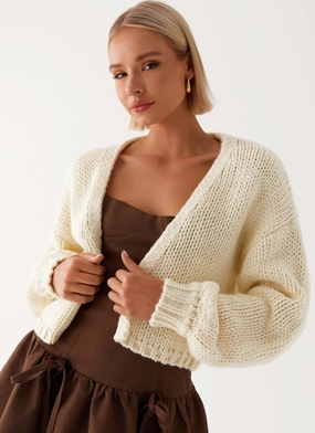 Jasleen Knit Cardigan - Ivory Waterproof Stitch Details Chill Weather