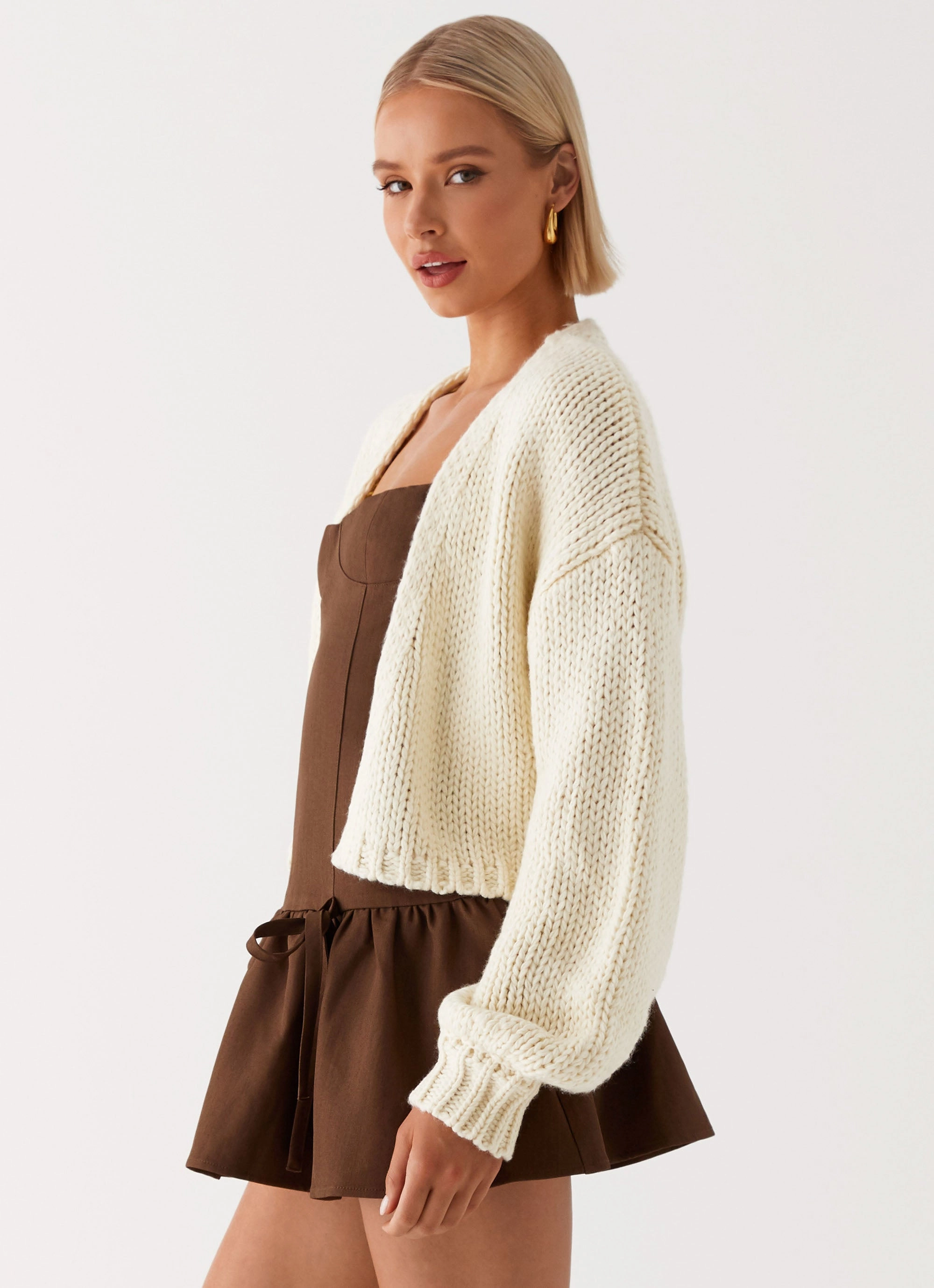 Tapered Hem Jasleen Knit Cardigan - Ivory