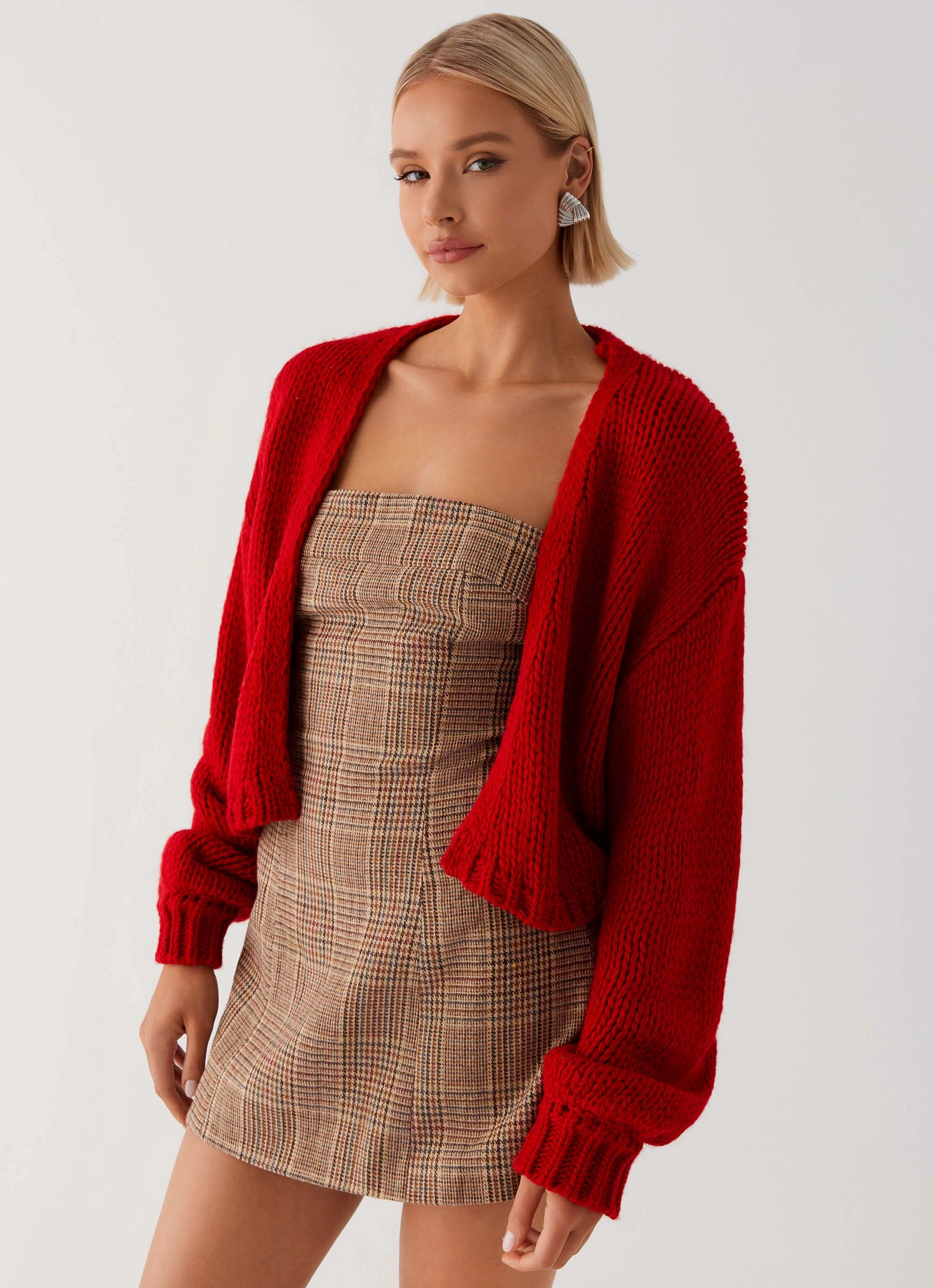 Jasleen Knit Cardigan - Red Daily Commute Wear Smart Design