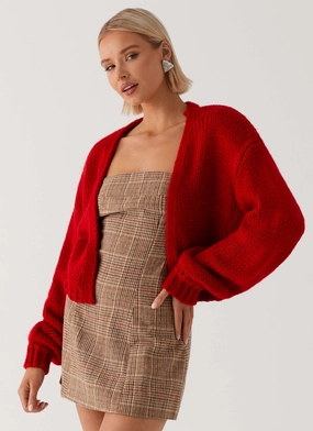 Flexible Armholes Wet Wicking Jasleen Knit Cardigan - Red