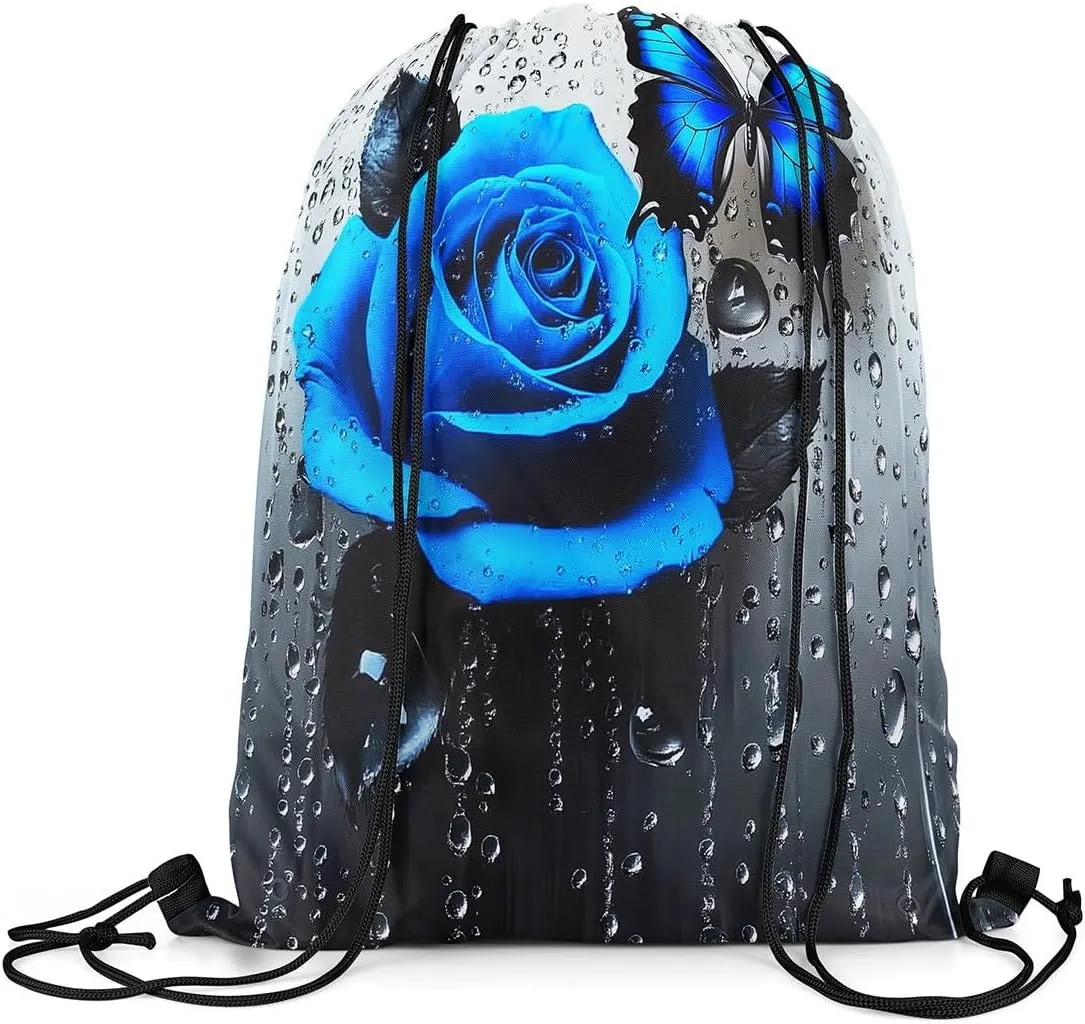 jejeloiu Butterfly Rose Sports Drawstring Sackpack Set,Romantic Floral Blossom Rose Drawstring Backpack 13"x15.7" Drawstring Backpackroom,Flower Rose Drawstring Bags