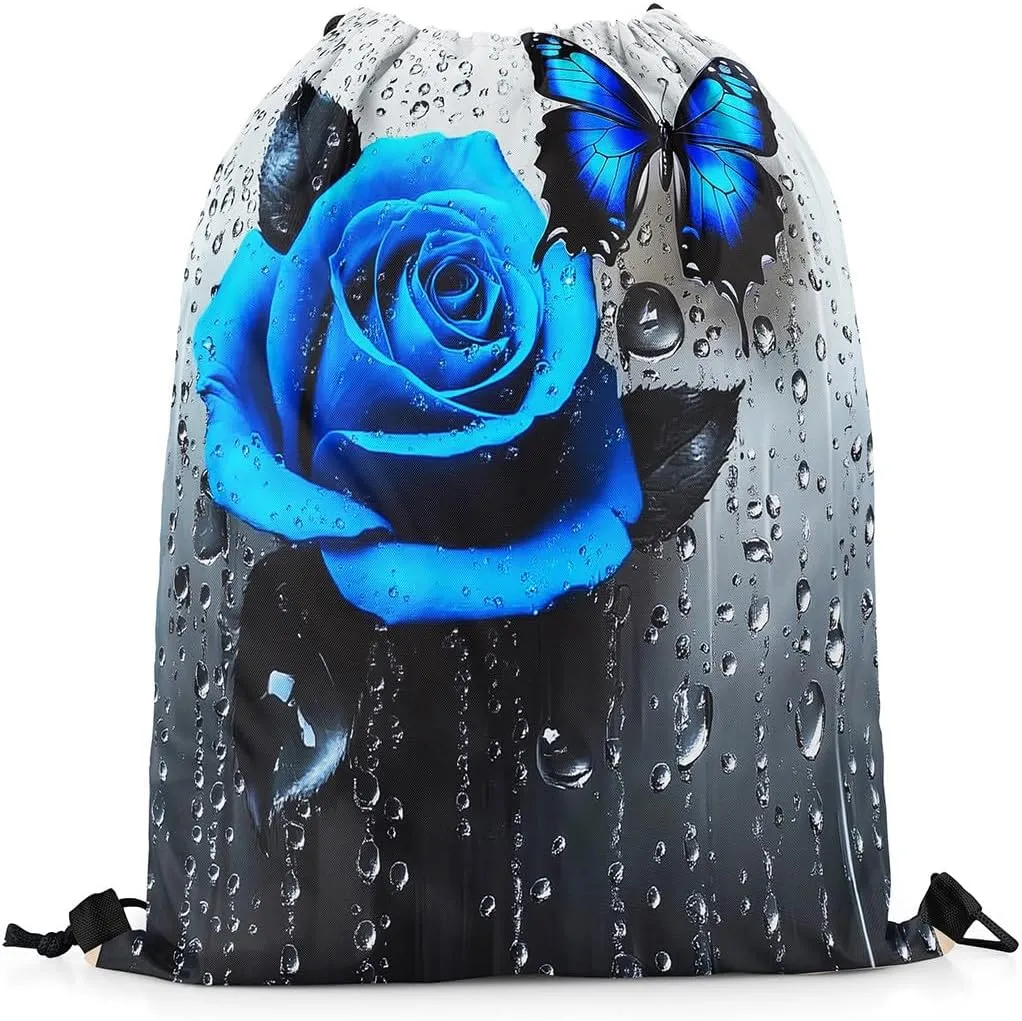 jejeloiu Butterfly Rose Sports Drawstring Sackpack Set,Romantic Floral Blossom Rose Drawstring Backpack 13"x15.7" Drawstring Backpackroom,Flower Rose Drawstring Bags