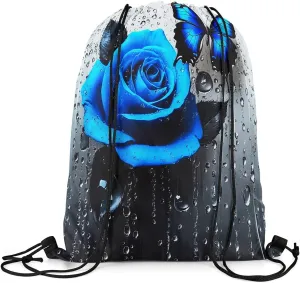 jejeloiu Butterfly Rose Sports Drawstring Sackpack Set,Romantic Floral Blossom Rose Drawstring Backpack 13"x15.7" Drawstring Backpackroom,Flower Rose Drawstring Bags