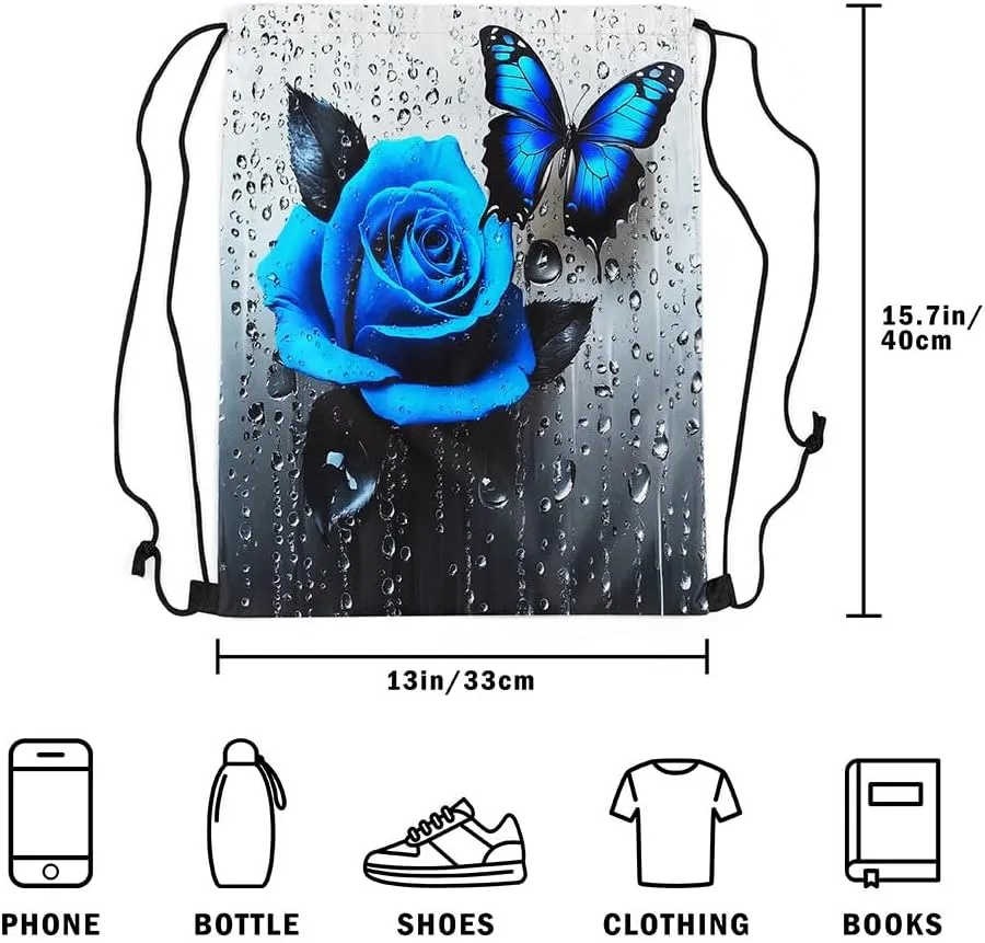 jejeloiu Butterfly Rose Sports Drawstring Sackpack Set,Romantic Floral Blossom Rose Drawstring Backpack 13"x15.7" Drawstring Backpackroom,Flower Rose Drawstring Bags