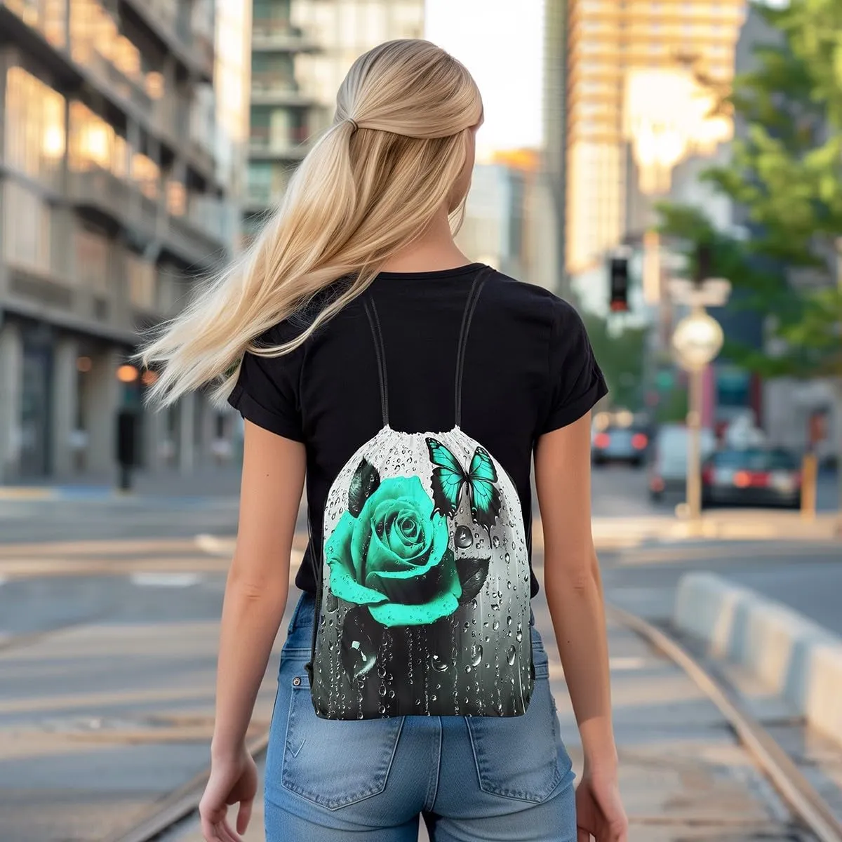 jejeloiu Green Rose Sports Drawstring Sackpack Floral Blossom Rose Drawstring Backpack 13"x15.7" Drawstring Backpackroom,Rose Butterfly Drawstring Bags Rose Waterproof Cinch Bag