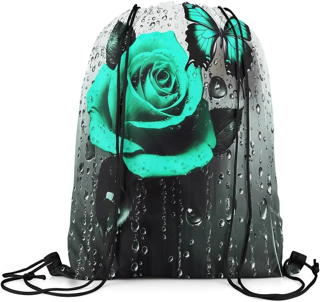 jejeloiu Green Rose Sports Drawstring Sackpack Floral Blossom Rose Drawstring Backpack 13"x15.7" Drawstring Backpackroom,Rose Butterfly Drawstring Bags Rose Waterproof Cinch Bag